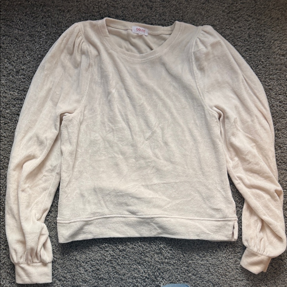 Goldie Lewinter Cream Velour Puff Sleeve Sweatshirt in Small